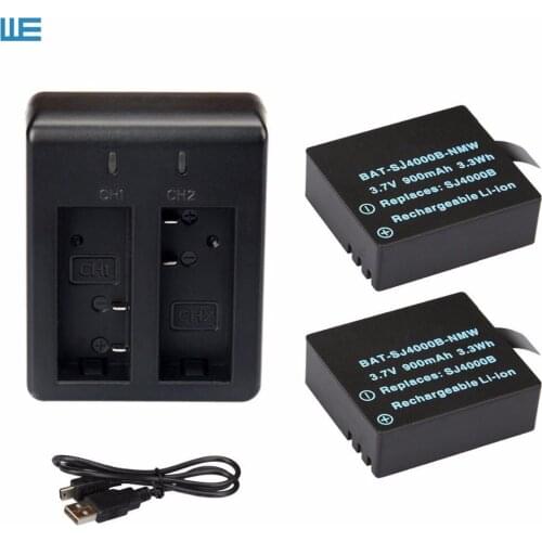2PCS for sjcam Battery 3.7V 900mAh Lithium rechargeable bateria With Dual Charger for SJ 4000 SJ4000 SJ5000 SJ5000 Plus SJ6000