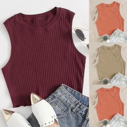 Fashion Kintted Crop Tops Women Streetwear Basic Tops Solid Color Sleeveless Ruched Bodycon O Neck Vest Tank Tops Femme Clothes