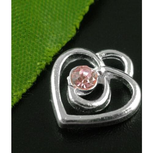 Lovely 20 SP Rhinestone Heart Charm Pendants 13x12mm (B07093)