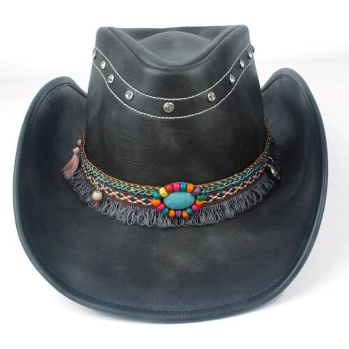 Men Women Western Cowboy Leather Hat With Tassel Ribbon Winter Wide Brim Hat Size 58-59CM Black
