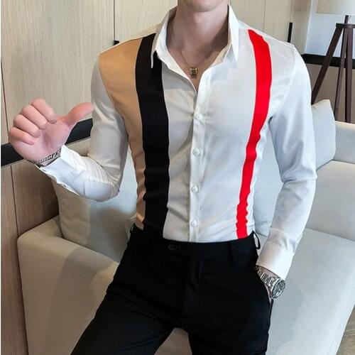 2021 hot-sale Mens spring slim fit lapel match colors long sleeve shirts/Male fashion Hotel style Casual shirts Plus size S-3XL