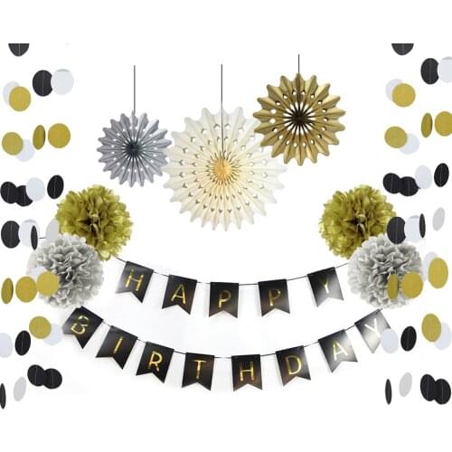 Gold and Black Paper Decoration Set (Happy Birthday Banner,Circle Garland,Paper Fans,Pom Poms) for Birthday Party First Birthday