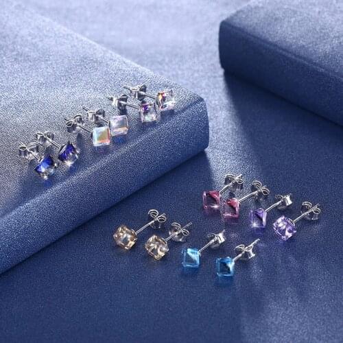 LEKANI Crystals From Swarovski S925 Silver Square Stud Earrings Fine Jewelry For Women Girls Mini Daily Piercing Colorful Beads