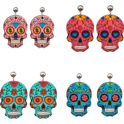 Calavera Sugary Skull Earrings Punk Gothic Celebrate Mexican Day Halloween Acrylic Flora Sugar Skull Earring For Women 9 Colors