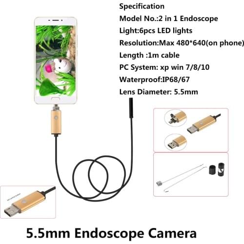 1M Long 6 Adjustable LED 5.5mm Lens Endoscope 480P Android PC USB Endoscope Inspection Borescope Tupe Camera Waterproof
