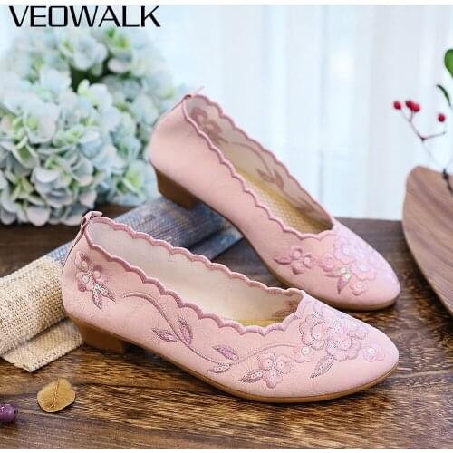 Veowalk Scalloped Knitted Women Jacquard Cotton Slip On Flats Sequins Embroidery Elegant Ladies Soft Comfortable Non-Slip Shoes