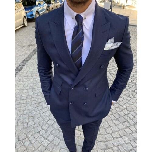 High Quality Navy Blue Peak Lapel Men Suits Double Breasted Slim Fit Tuxedo Wedding Groom Terno Masculino Blazer 2 Pieces
