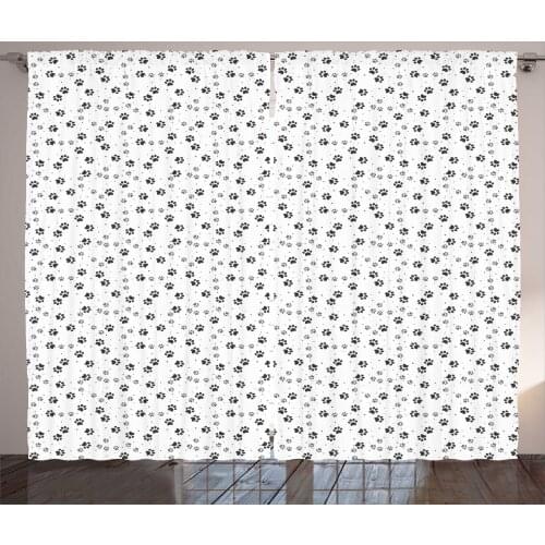 Paw Prints Curtains Grayscale Cat and Dog Lover Theme Satin Fabric Drapes for Living Room Bedroom 2 Panel Window Set