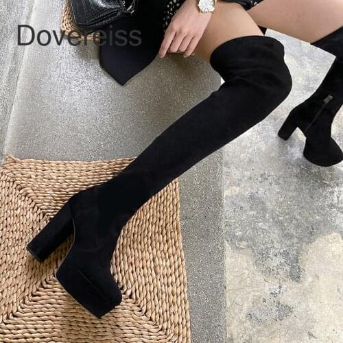 Dovereiss Fashion Womens Shoes Winter Sexy Elegant Pointed to Platform suede Concise Block heels Mature Over the knee boots