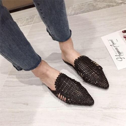 New Style Women Slippers Rattan Knit Casual Sandals Indoor Floor Shoes Home Mules Pointed Toe Flat Shoes Woman 2020