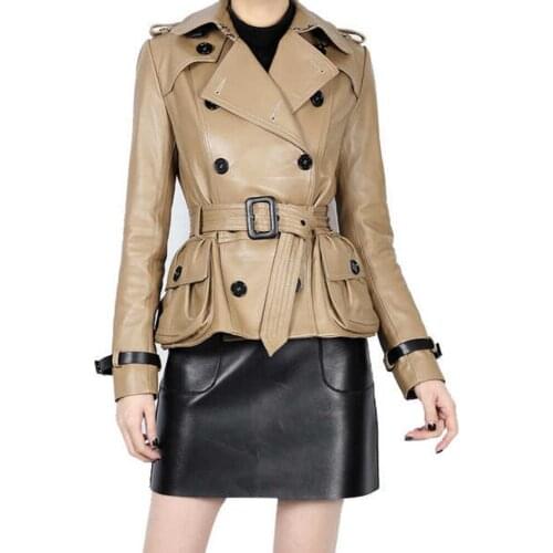 2021 New Arrival Women Genuine Leather Belted Jacket 100% Real Sheepskin Double Breasted Winter Trench Leather Coat Ladies Khaki