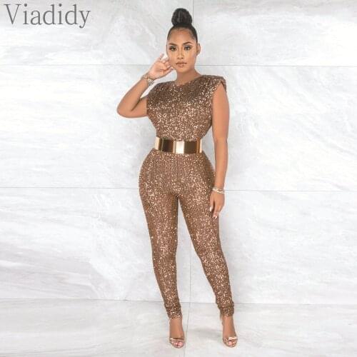 Women Sexy Round Neck Sleeveless Sequined Jumpsuit Nightclub Party Rompers Plus Size