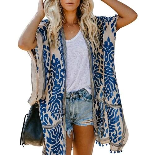 2021 Womens Boho Printed Kimono Beach Cover Up Fashionable Summer Open Front Loose Cardigan Top with Tassel Vest Beach Holiday