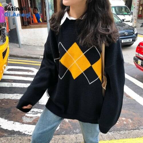 Korean Winter Geometric Pattern Argyle Pullovers Loose Oversized O-Neck Knitted Sweaters Woman Jumper Mujer Aesthetic Sweater
