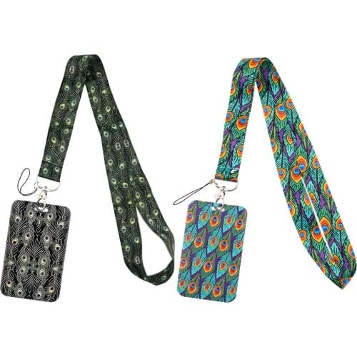 1pcs ZF2915 Peacock Feather Lanyard Card ID Holder Car KeyChain ID Card Pass Gym Mobile Phone Badge Key Ring Holder Jewelry