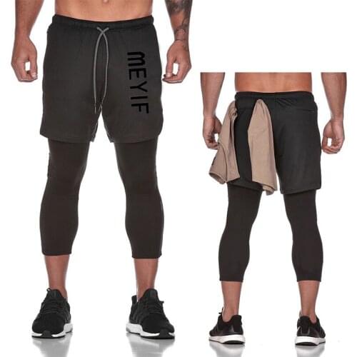 2021 Hot Sale Muscle Fitness Running Sports Casual Pants Quick-Drying Tight-Fitting Fake Two-Piece Stretch Nine-Point Pants Men
