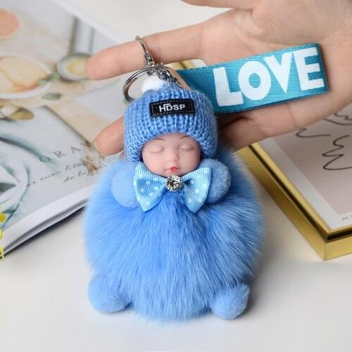 Real Fox Fur Pompom Sleeping Baby Keychain Cute Fluffy Plush Doll Women Girl Bags Keyring Cars Key Ring Gift Charming Decoration