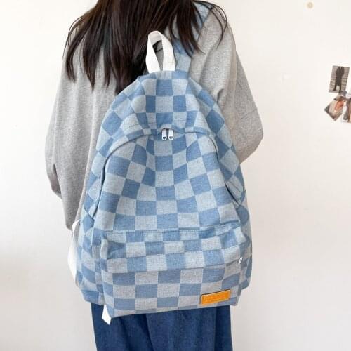 2021 Unisex Jean Plaid Laptop Backpack Travel Denim Daily Backpack High Capacity Casual Shoulders Bag Korean Style Schoolbags