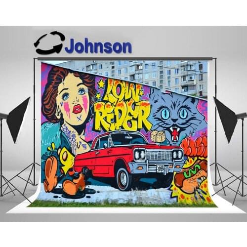 Graffiti wall Street Art Cartoon Characters Retro Cat Muzzle Letter Car backdrops Computer print party background