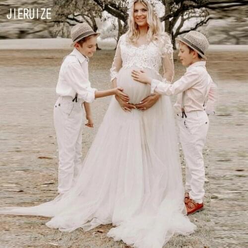 JIERUIZE Maternity Boho Wedding Dresses V Neck 3/4 Sleeves Lace Appliques Button pregnant women Bridal Gowns Vestido De Noiva