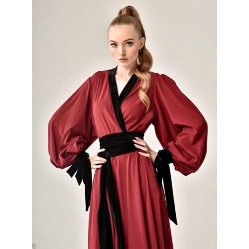 Chinese Style Ladies Pajamas Waist Long Sleeves V-Neck Nightwear Sexy Beautiful Party Evening Sleepwear