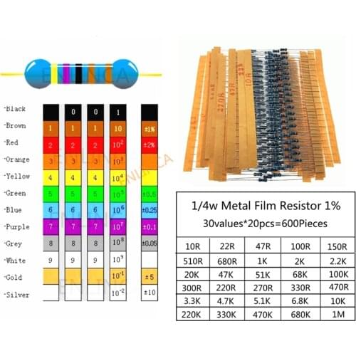 600pcs/lot 30Values* 20pcs 1% 1/4 W resistor pack set diy Metal Film Resistor kit use colored ring resistance (10 ohms~1 M ohm)