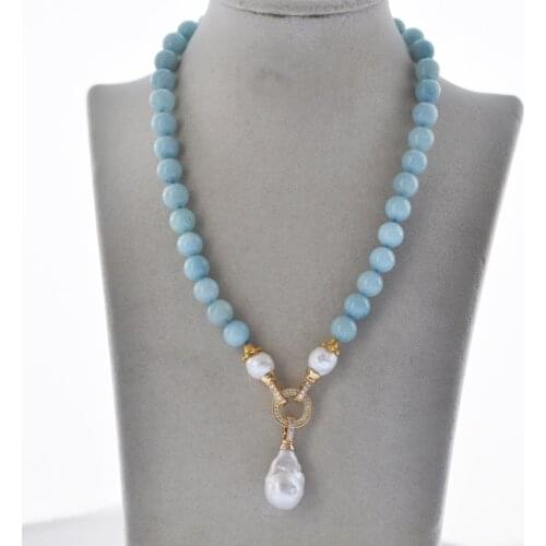 MCT·STAR Z10456 18" 24mm Natural Round blue Amazonite Necklace White Keshi Pearl Pendant