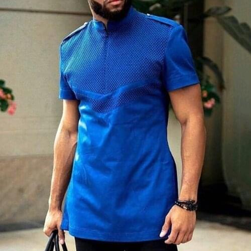 Mens T-shirt 2021 Summer Short Sleeve Dashiki Patchwork Top Mid-length Fashion Mens Shirt African T shirt Blue Plus Size 4xl