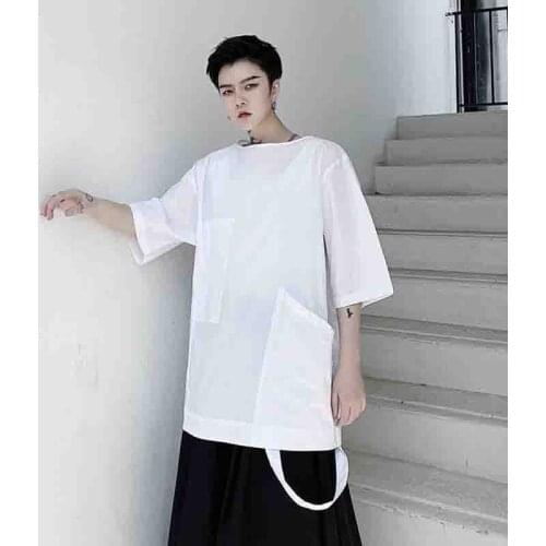Short sleeve mens asymmetric fashion Pullover top half sleeve shirt trendy mens personality summer Club big pocket
