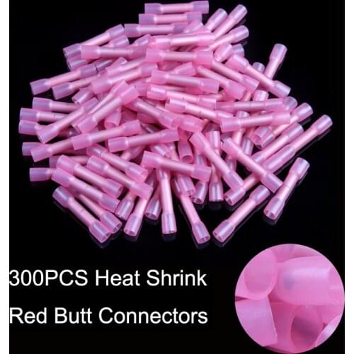 300pcs Kit Red Waterproof Heat Shrinkable Butt Connector Splice Electrical Wire Cable Crimp Butt Terminal Connector 18-22 AWG