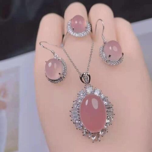 2021 Exquisite 925 Silver Inlaid Egg-Face High Ice Chalcedony Pendant Ring Set