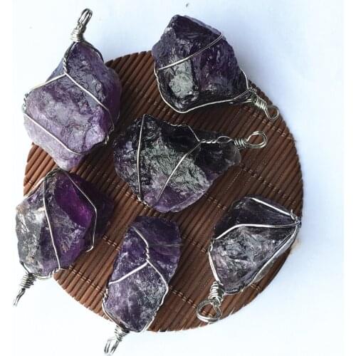 New Natural Stone Amethysts Raw Ore Wire Wrapped Irregular Pendants Chakras Reiki for Women Jewelry Making 6Pcs Wholesale Lots