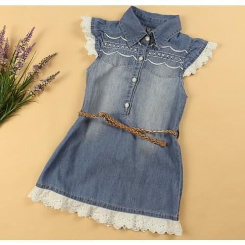 Wholesale 5pcs/lot Baby Girls Denim Dress Kids Cute Dress With Belt And Lace Girls Summer Clothing