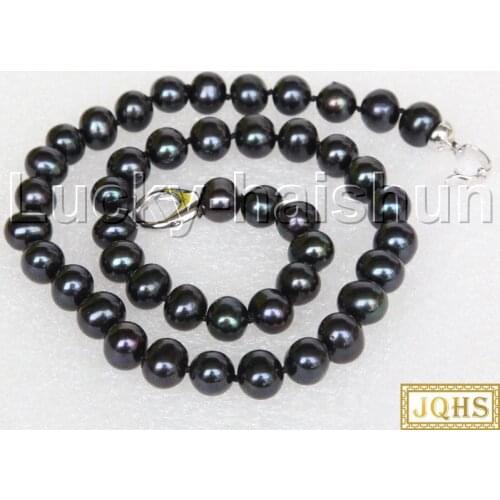 JQHS luster 17.5" 10mm round Black freshwater pearls necklace 18KGP clasp j12494