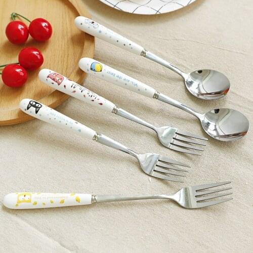 Portable Children Cartoon Baby Spoon Feeder Cutlery Stainless Steel Baby Feeding Utensils Spoon And Fork Tableware Soup Ladle