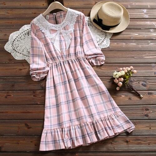 Mori girl pink cute kawaii plaid dress new fashion spring autumn bow long sleeve sweet dress