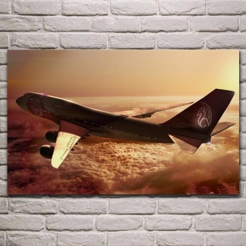 Boeing 747 airplane Aircraft flight flying in sunset fabric poster living room home wall decorative canvas art print KL827