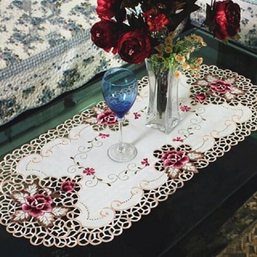 RAYUAN Vintage Embroidered Rose Cutwork Tablecloths Oval Table Cover Table Cloth Wedding Party Decor 40x85CM