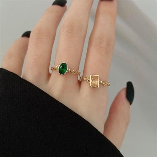 SRCOI Elegant Temperament Soft Chain Oval Green Stone Simple Geometric Square Zircon Ring Women Fashion Jewelry Accessories