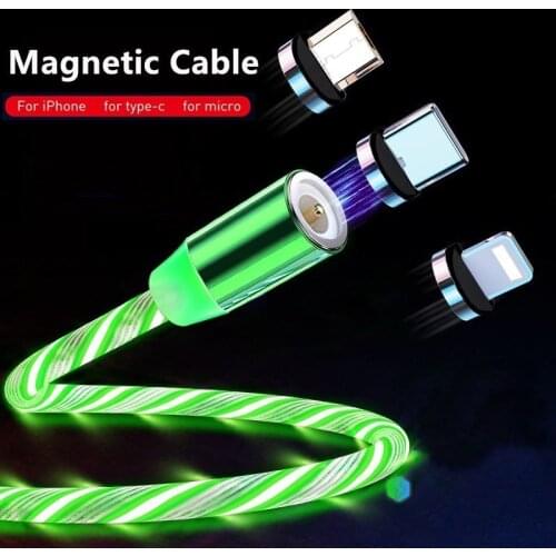 LED Glow Flowing Magnetic Charger Cable Lighting Fast Charging Micro USB Type C For iPhone Xiaomi Android Phone USB C Wire Cord