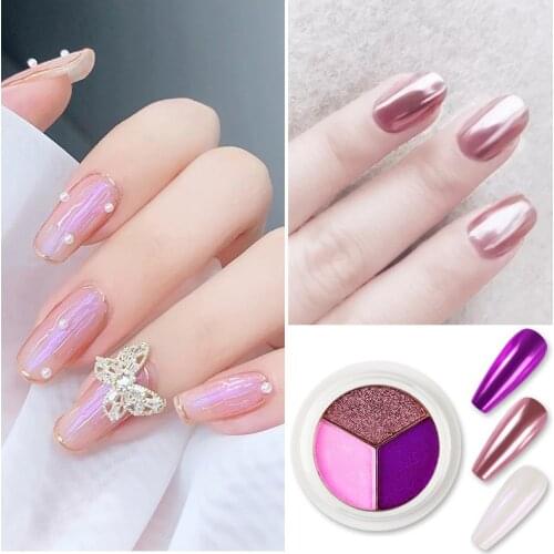 Triple Colors Double Rose Gold Nail Mirror Glitter Powder Nail Art Gel Polishing Chrome Flakes Pigment Dust Decorations