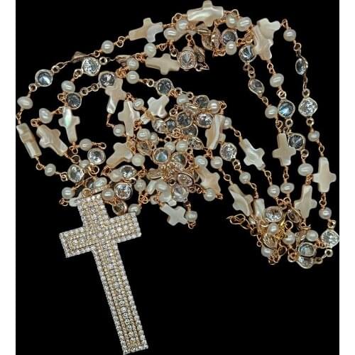 Y·YING Cultured White Pearl Carved Shell Crucifix Cz Rosary Chain Necklace Cubic Zirconia Pave Crucifix Pendant 23"