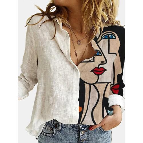 Women Portrait Print Turn-down Collar Button Blouse Shirt 2020 Autumn Long Sleeve Tops Lady New Casual Plus Size Vintage Blouses