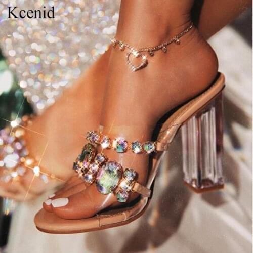 Kcenid New fashion crystal diamond slides clear PVC transparent slippers women shoes peep toe high heels party shoes summer