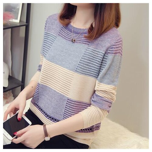 2021 Womens Tops Korean Color Matching Loose Striped Long-sleeved Bottoming Pullover Thin Hollow Knit Splicing Sweater Autumn