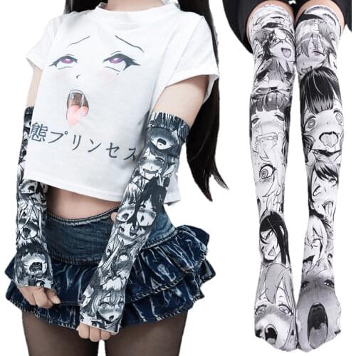 Anime Ahegao Hentai Cosplay Protection Arm Sleeve Stockings Tshirt Costumes Cartoons Printing Summer Woman Costume
