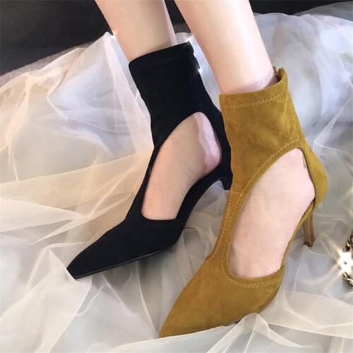 Ankle Boots Women Shoes Flock Hollow Sandals 2019 New HIgh Heel Boots Fashion Black Yellow Thin Heel Spring Ladies New Boots