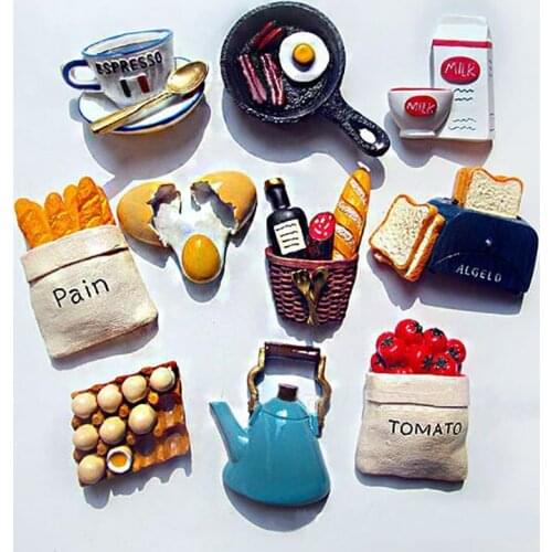 Home Refrigerator Stickers Creative Cute Food Shape Magnetic Bread Milk Bacon Fried Egg Pan Resin Refrigerator Stickers