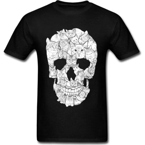 Sketchy Cat Skull NEW YEAR DAY 100% Cotton O Neck Tops Tees Short Sleeve Summer Tee Shirt Hip Hop Printing T Shirt