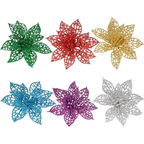 Fake Flower Glitter Christmas Tree Pendant Glisten Home New Year Xmas Party Decor Hollow-carved Design PVC Artificial Flowers